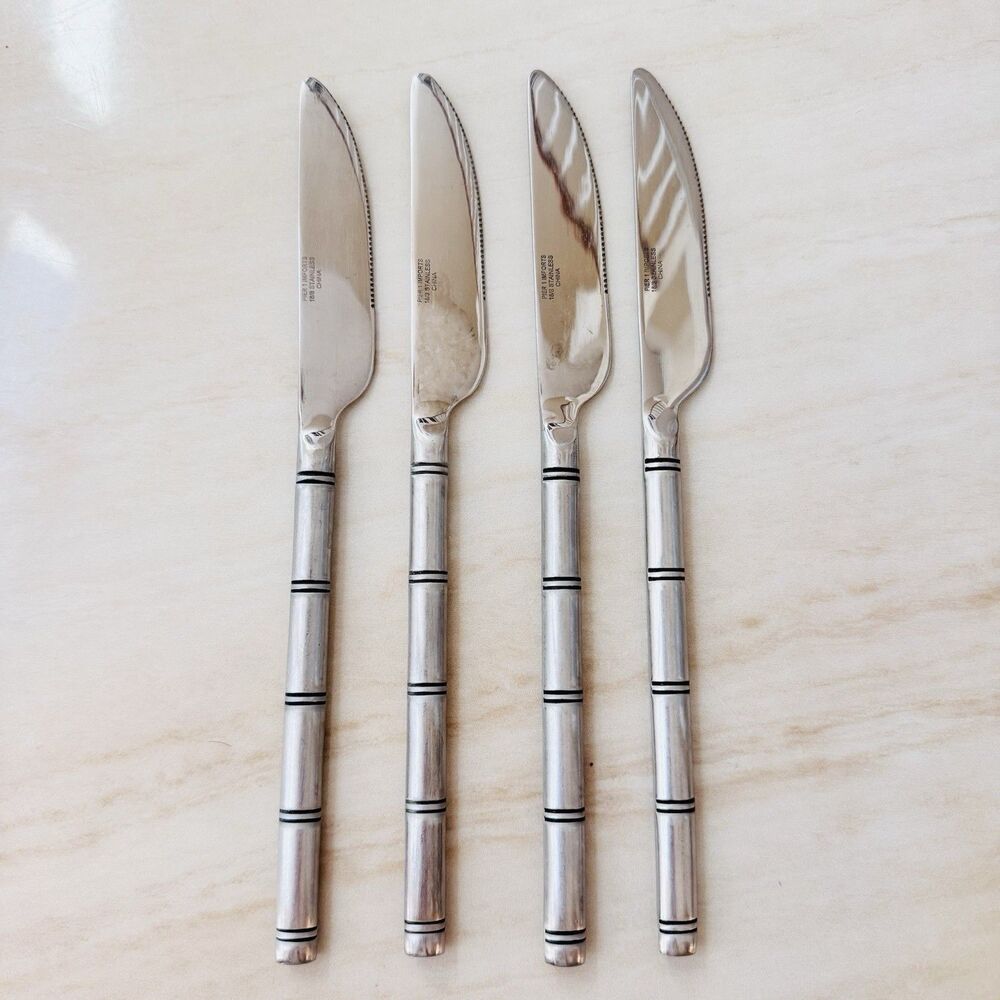 4pc Pier 1 Steak Knife 9” 18/8 Stainless Serrated Satin Ribbed/Bamboo Handle